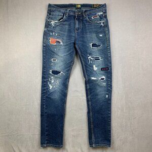 G Star Raw Men Pants 32 Blue Jeans Slim Distressed Patches USA Flag Ripped 32x30
